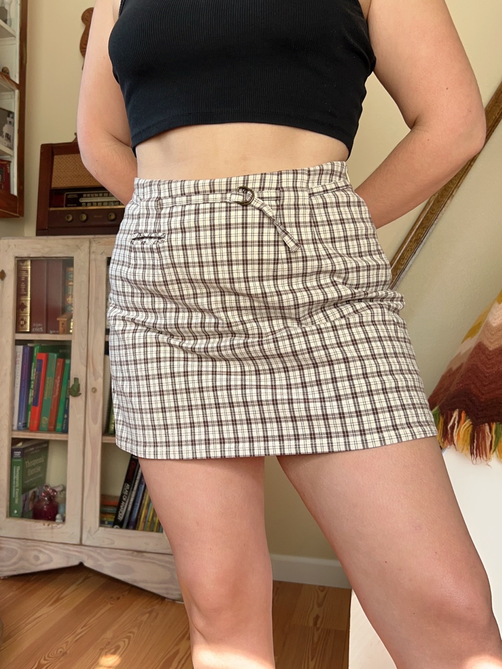 Vintage Y2K brown + cream Checkered Plaid Mini Skort High Waisted Cottagecore